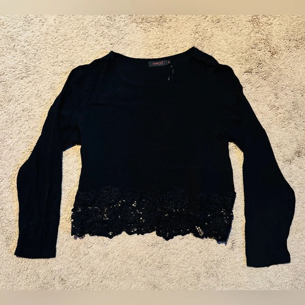 Fanco • Black Sheer Lace Detail Long Sleeve Top